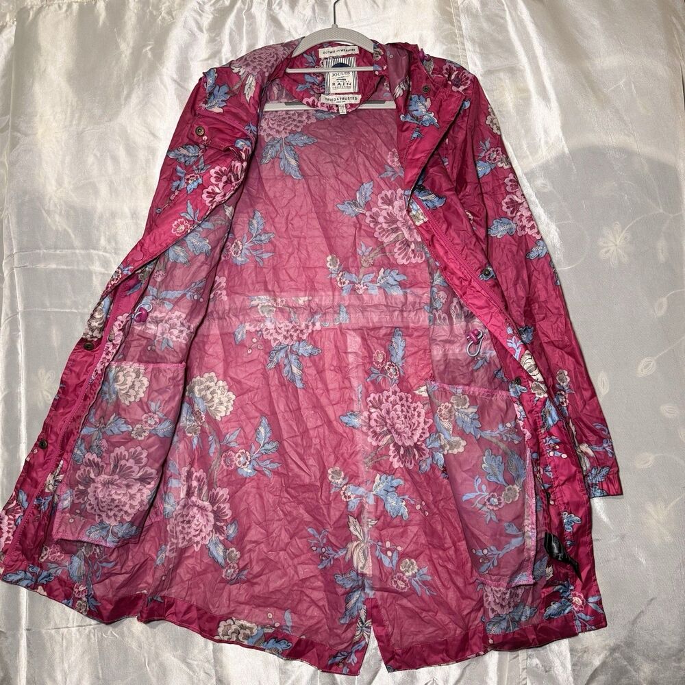 Joules Right as Rain Women's 8 Raincoat Pink Floral Hooded Waterproof Minimalist - Picture 7 of 9